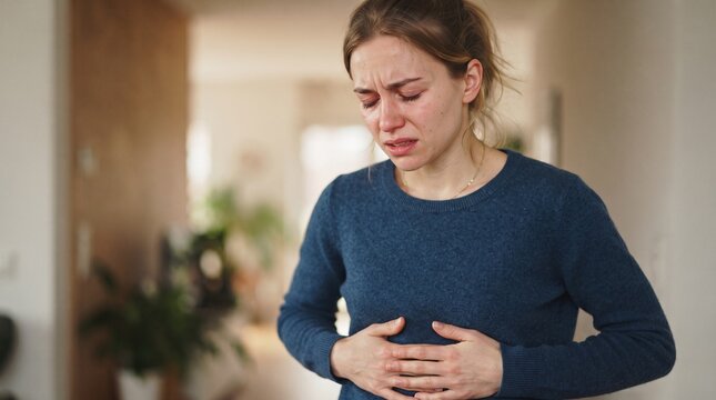 Young woman holding abdomen in pain suffering from stomach ache or menstrual cramps while standing indoors