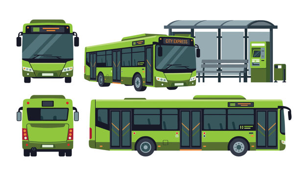 Modern green city bus vector illustration collection featuring front side rear views and public transport shelter station