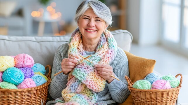 Senior woman happily knitting a woolen scarf on a sofa