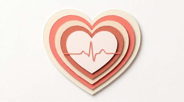 Layered Papercut Heart with ECG Heartbeat Line for Cardiovascular Health