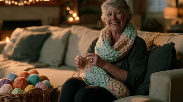 Senior woman happily knitting a woolen scarf on a sofa