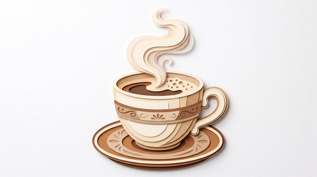 Layered Paper Cut Coffee Cup with Steam and Decorative Saucer