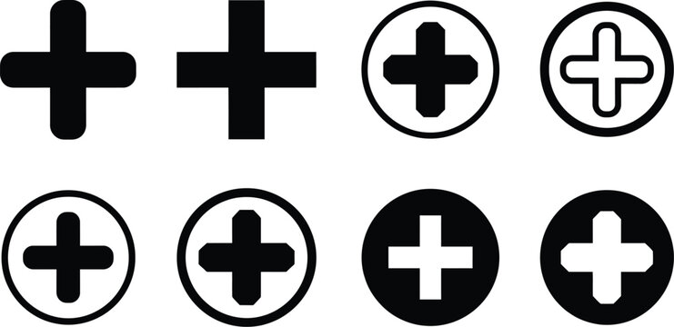Eight distinct black and white plus sign icons are arranged on a stark white background, showcasing variations in solid forms and circular outlines for diverse graphic applications in user interfaces.