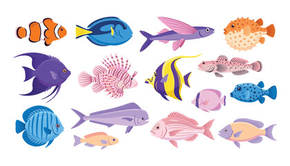Cute tropical fish and exotic sea creatures vector illustration set featuring colorful ocean reef marine life aquarium animals
