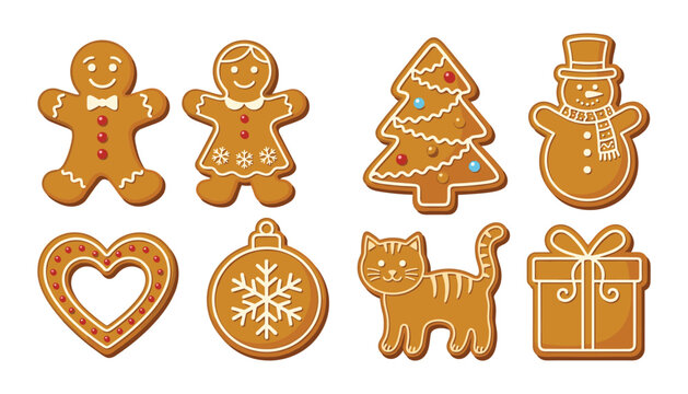 Christmas gingerbread cookies vector set with cute holiday biscuit characters man woman snowman cat tree and heart shapes,