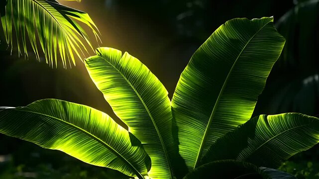 Summer hot vibe lifestyle. A closeup of a tropical plant with large, vibrant green leaves illuminated by the suns rays. The leaves are arranged in a fanlike pattern.