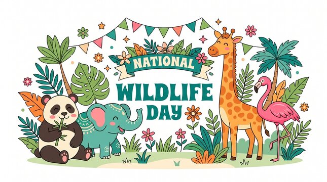 Cute cartoon animals celebrating National Wildlife Day.
