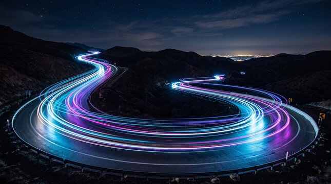Long exposure of winding mountain road at night
