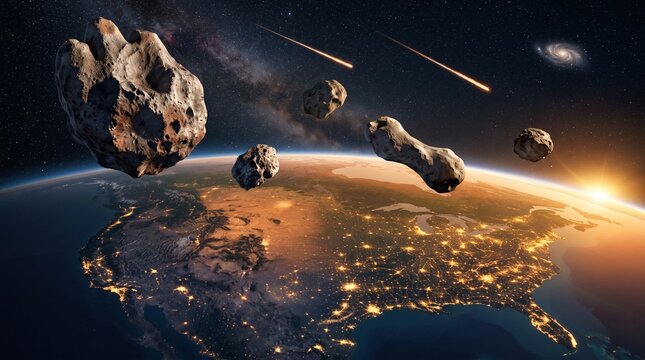 Multiple asteroids flying towards Earth at dawn.
