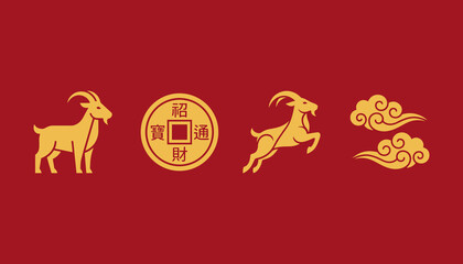 Fototapeta premium Chinese Zodiac Goat Symbols with Golden Coin and Cloud on Red Background