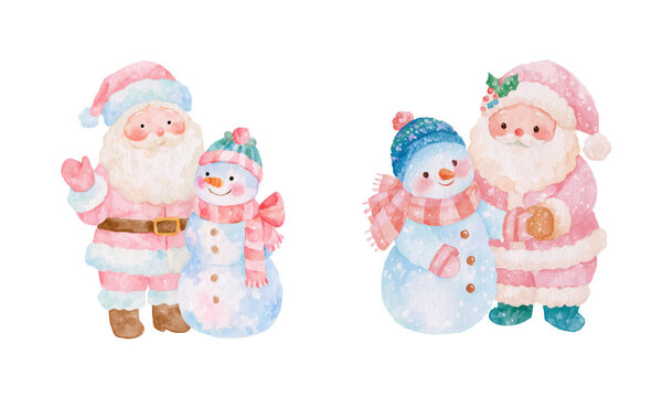 Cute Pastel Watercolor Santa Claus and Snowman Christmas Characters