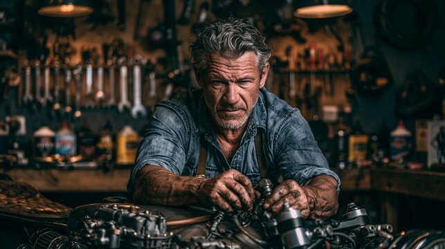 Man working on a vintage motorcycle in his garage