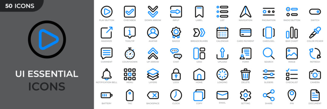 Set of 50 user interface colored outline icons. Basic ui ux icon set. UI icons kit for website. User interface essential set. Vector illustration