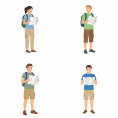 Fototapeta premium Set of flat vector illustrations featuring young travelers and hikers holding paper maps and wearing backpacks for outdoor adventure and navigation