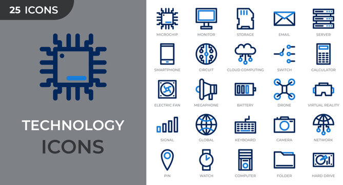 Set of 25 technology colored outline icons. Industry 4.0 concept factory of the future. Global internet, computer and mobile device. Vector illustration