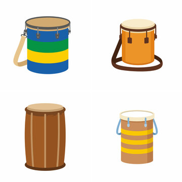Set of four Brazilian percussion drums including surdo and atabaque isolated on white background