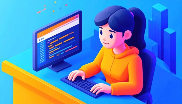 Woman working on computer coding programming.