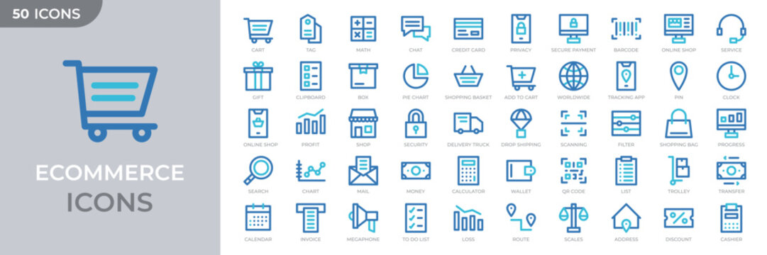 Set of 50 ecommerce colored outline icons. Online shopping and delivery elements. Shopping cart, payment, invoice, shipping, delivery. Vector illustration