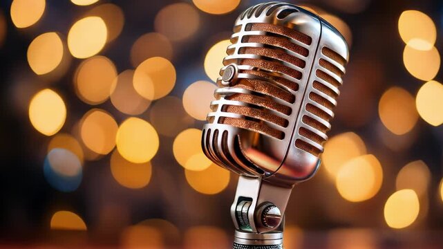 Close up of a classic retro microphone with warm bokeh lights background