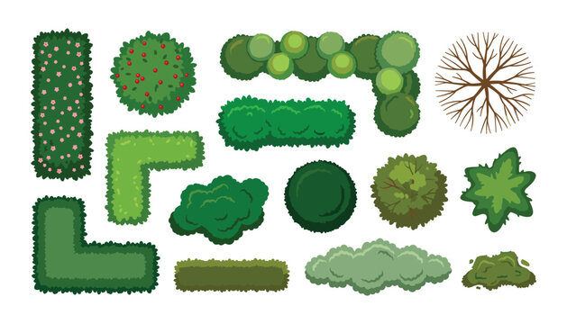 Collection of top view bushes hedges and green trees for landscape architectural map planning isolated on white background
