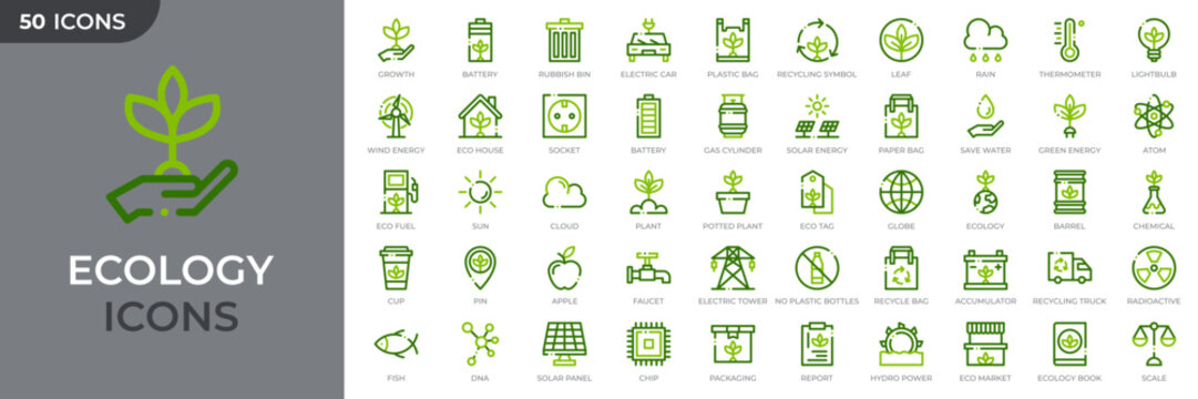 Set of 50 ecology colored outline icons. Eco friendly icon. Environment, sustainability, nature, recycle, renewable energy. Green symbol. Vector illustration