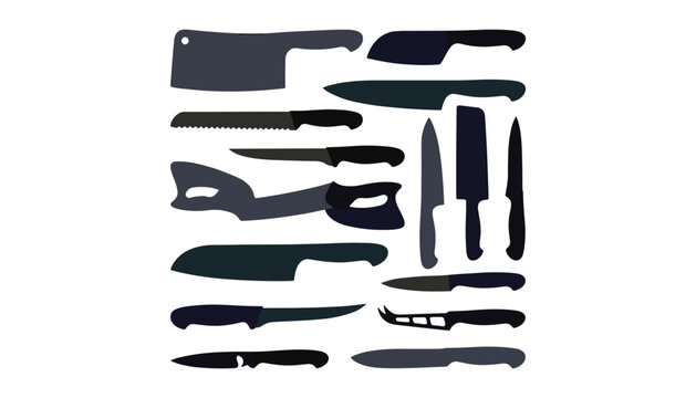 Collection of professional kitchen knives silhouettes including meat cleaver chef utility bread and cheese slicing cutlery tool icons