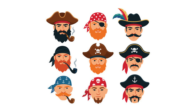 Collection of pirate avatars with tricorn hats bandanas eyepatches and smoking pipes isolated on white background vector illustration
