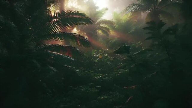 Summer hot vibe lifestyle. A vivid portrayal of a lush tropical rainforest bathed in a warm, golden light. The main subject is a dense canopy of ferns and other tropical plants.