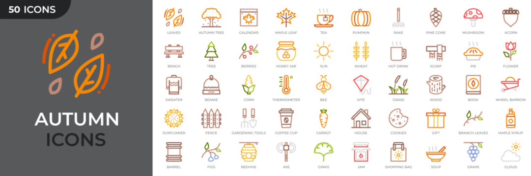 Set of 50 autumn colored outline icons. Autumn season icons set. Containing season, pumpkin, falling leaves, maple leaf, mushroom and more. Vector illustration