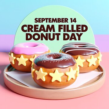 September 14 cream filled donut day food photography featuring decorated donuts with star toppings, september
