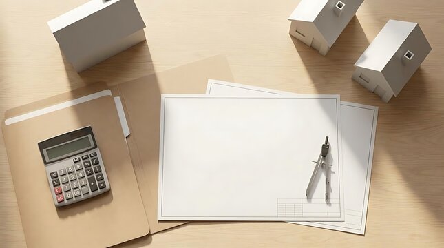 A high-angle view of miniature house models, a calculator, and architectural blueprints on a wooden desk to illustrate the process of a 1031 exchange