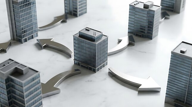 A conceptual 1031 exchange illustration featuring a central commercial building connected to multiple smaller office structures by metallic directional arrows