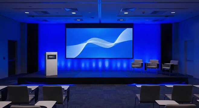 Empty modern conference room with blue ambient lighting, stage, lectern, and large screen displaying an abstract wave pattern