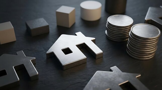 A conceptual 1031 exchange investment strategy visualized through silver house icons and stacks of currency coins on a dark textured background surface