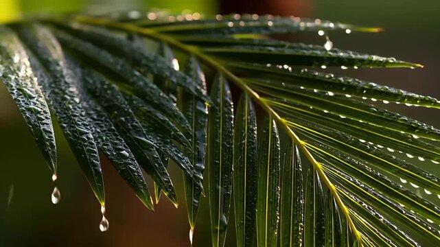 Summer hot vibe lifestyle. A closeup of a palm leaf displays numerous droplets of water. The droplets are glistening, reflecting the light and creating a shimmering effect.