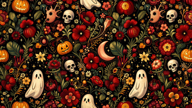 A spooky Halloween floral pattern with pumpkins, ghosts, and skulls.