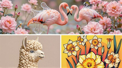 Naklejka premium Pink flamingos dance among roses, alpaca sculpture smiles beside daffodils.