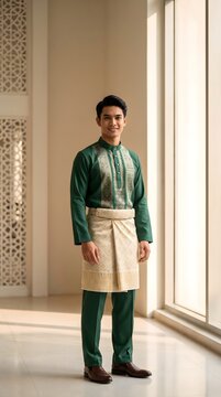 Handsome Malay man wearing green traditional Baju Melayu with sampin standing in a modern indoor setting. Hari Raya concept.