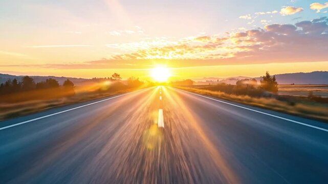 Asphalt highway with 2025 painted on ground leading toward bright sunrise in rural landscape
