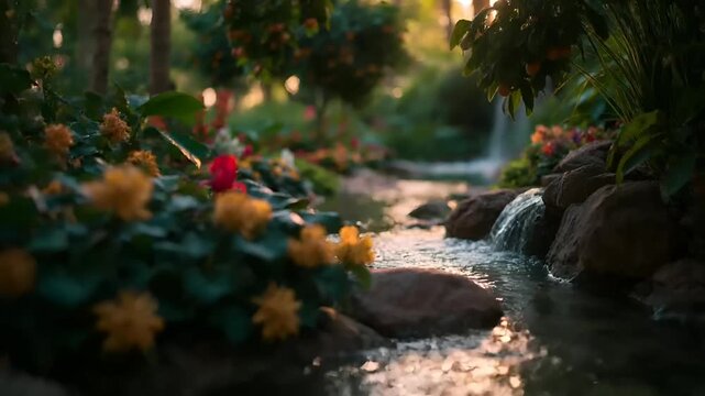 Summer hot vibe lifestyle. A vivid portrayal of a serene garden at sunset. The main subject is a tranquil stream with cascading water, surrounded by lush greenery and vibrant flowers.