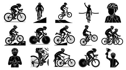 Fototapeta premium Black and White Silhouette Icons of Cyclists and Bicycles, Sports Vector Art