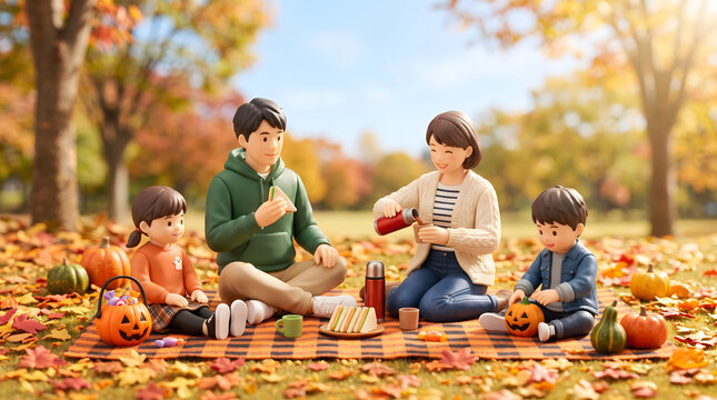 紅葉した秋の公園でカボチャとお菓子を囲んでピクニックをする家族
