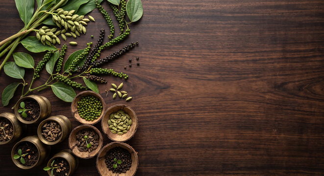 Cinematic top down view of Kerala cardamom pods and pepper vines on teak wood