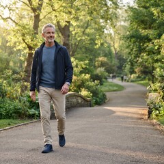 Obraz premium A man walks along a sun-dappled park path, enjoying a peaceful moment amidst lush greenery and mature trees, exuding a sense of calm and well-being.