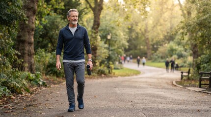 Obraz premium A happy, middle-aged man with graying hair walks along a sun-dappled path in a lush, green park, his contented expression radiating a sense of peace and well-being.
