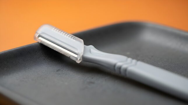 Professional eyebrow razor with safety cap, gray facial hair trimmer on black tray, precision grooming tool for skincare