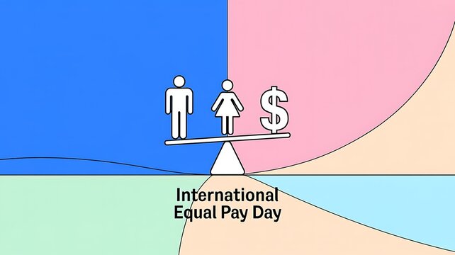 International equal pay day concept illustration featuring gender balance scale and currency symbol, equality