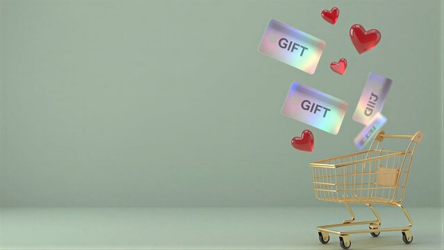 Golden cart with floating gift cards and hearts, symbolizing joyful shopping.