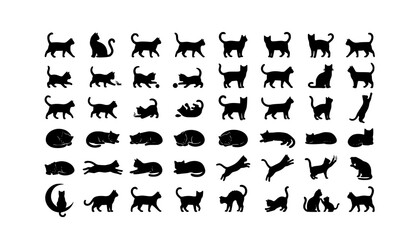 Fototapeta premium Black Cat Silhouette Set with Feline Animal Vector Illustrations on White Background