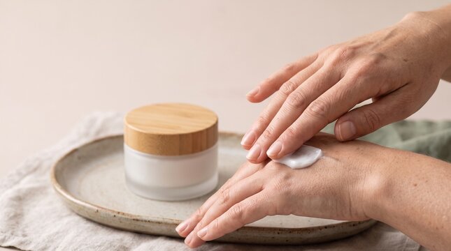 A hand smoothly applies moisturizer from a jar with a natural wood lid, emphasizing a gentle and refreshing skincare routine.